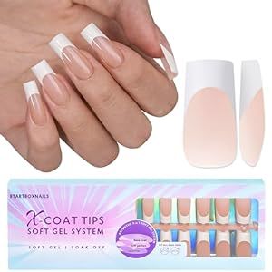 BTArtboxnails Soft Gel Nail Tips - Long Square French Tip Press on Nails Acrylic Nail Tips Kit Fake Nails Glue on Nails Extension Tips XCOATTIPS French Nail for Professional Use