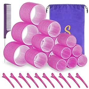 Self grip hair roller set,18 pcs,Hair rollers with hair roller clips and comb,Salon hairdressing curlers,DIY Hair Styles, Sungenol 3 Sizes Rose red Hair Rollers in 1 set